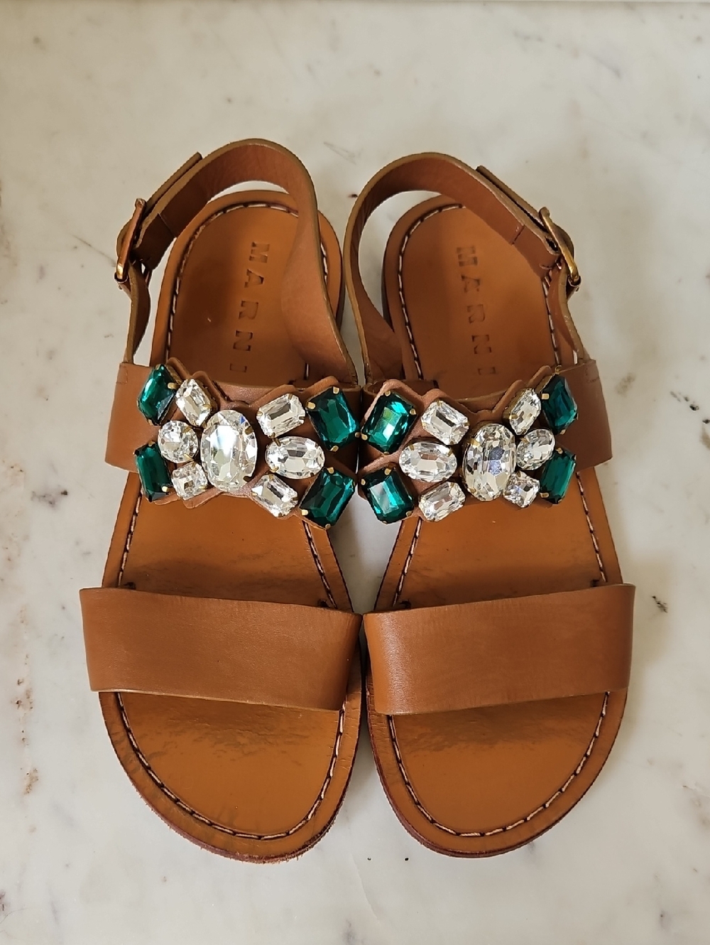MARNI: Tan Leather Sandals with Oversize Statement Floral Gem Jewels